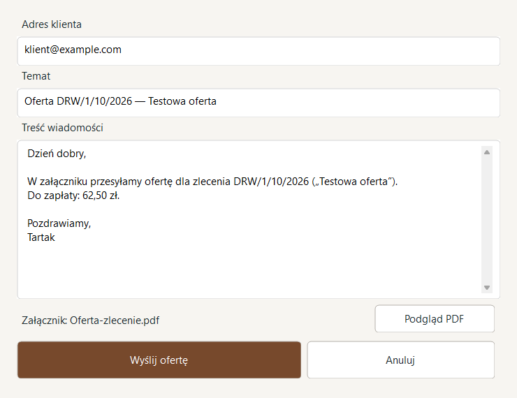Przykład przygotowania oferty e-mail z załącznikiem PDF w TrakSystem